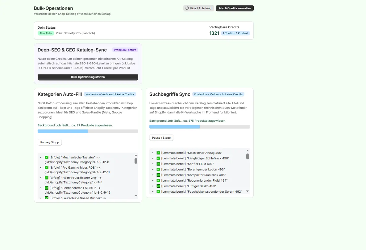Bulk operations: deep SEO & GEO catalogue sync, category auto-fill and search-term sync with background jobs running