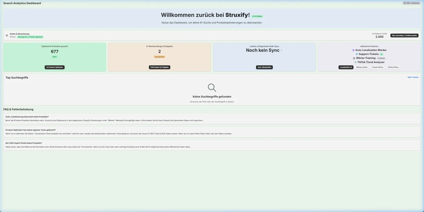 Struxify dashboard in the Shopify admin: optimised products, credits, top search terms and Auto-Localization status