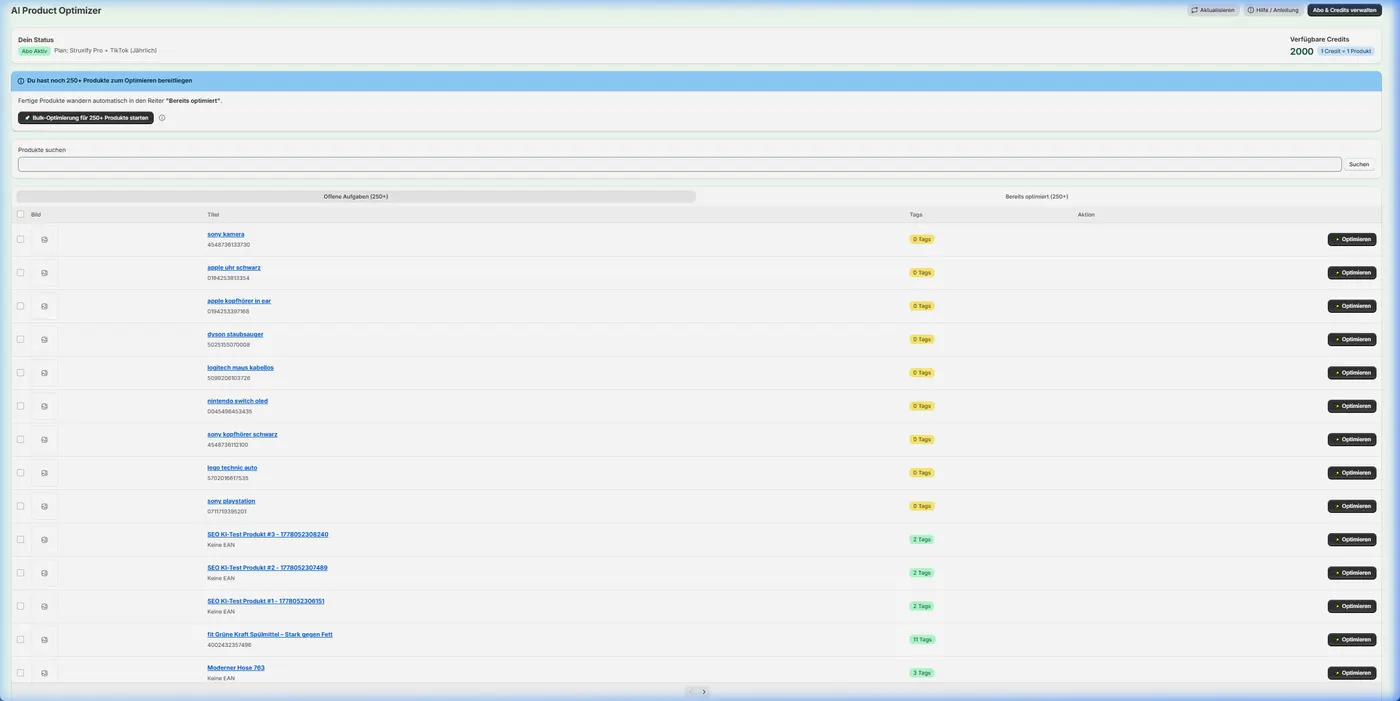 AI Product Optimizer: product list with optimise buttons and available credits