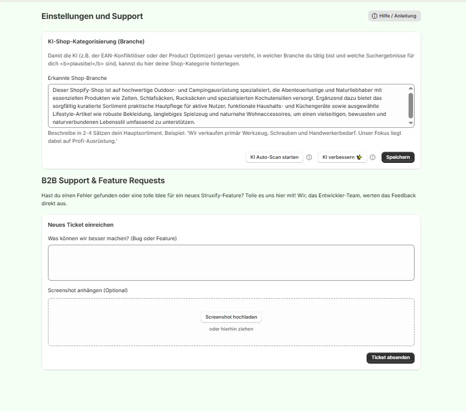 Settings: AI shop categorisation by industry and B2B support tickets