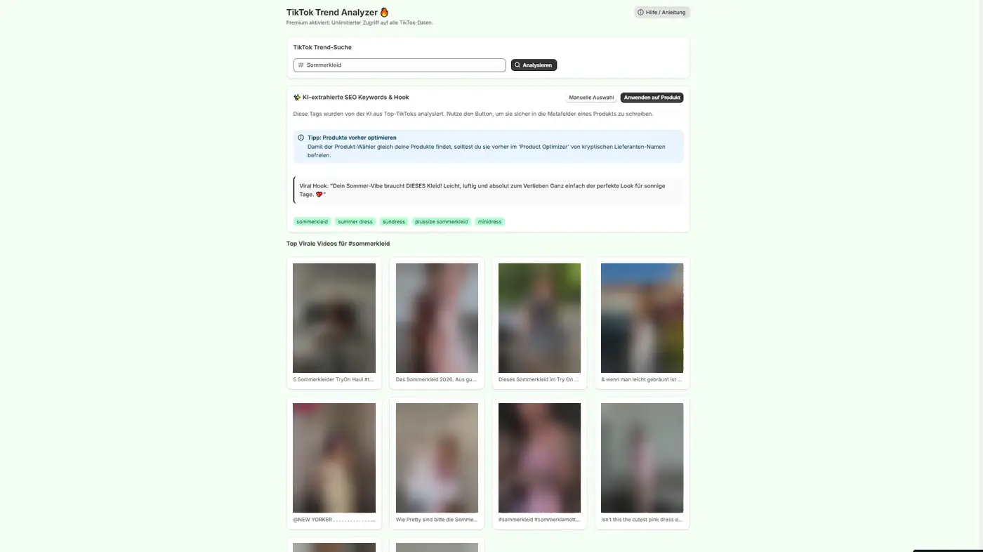 TikTok Trend Analyzer: trend search, AI-extracted keywords, viral hook and top videos